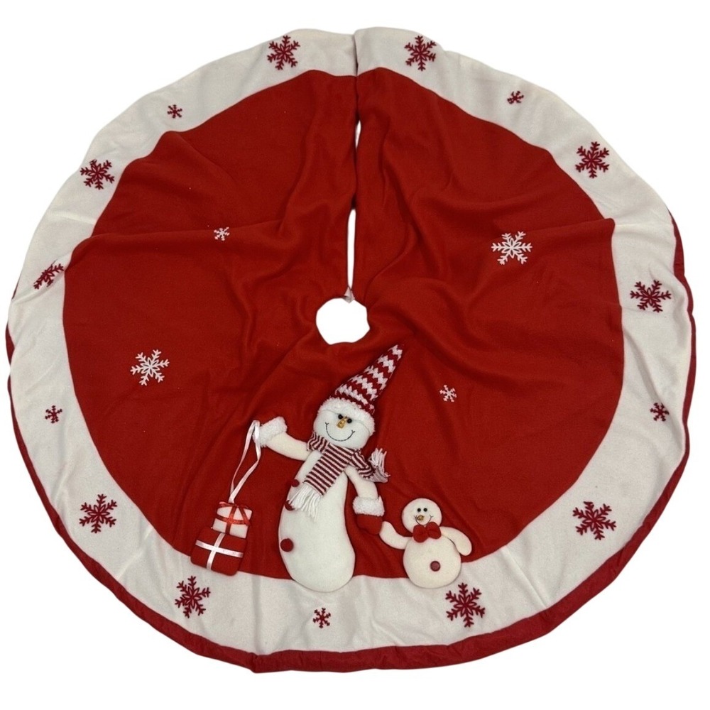 Christmas Tree Skirt Red White Snowman 3D Applique Snowflake Holiday Decor 48in - Picture 1 of 6